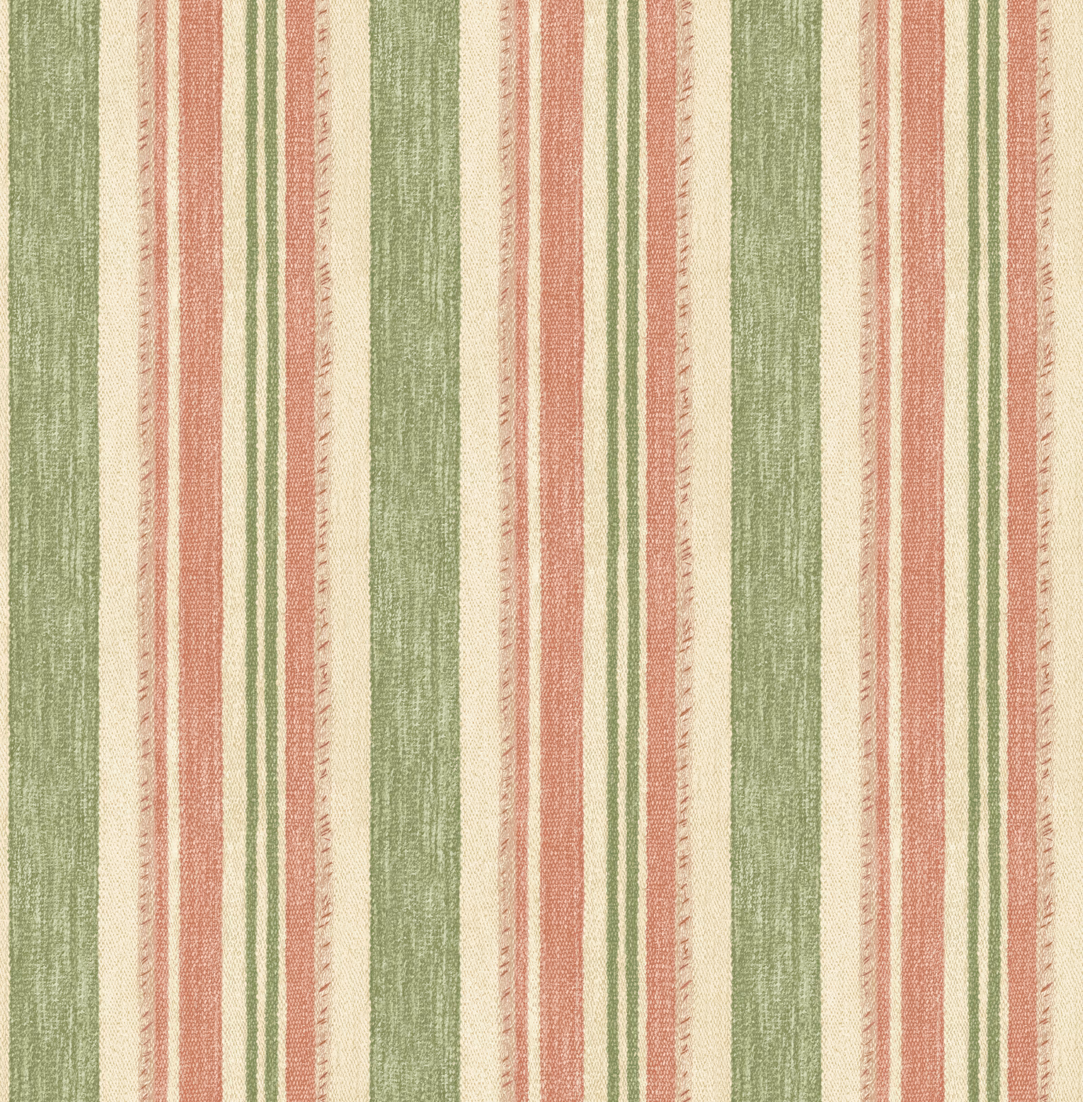 Muted sage, dusty red and cream vertical striped wallpaper with a brushed texture