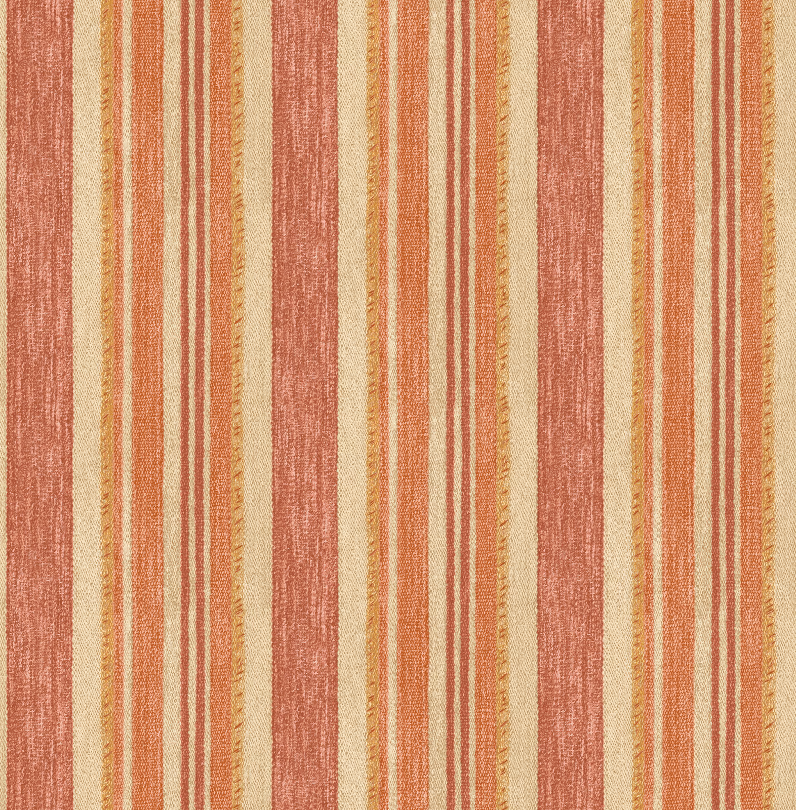 Warm terracotta wallpaper with cream, ochre and fine blue-green vertical stripes