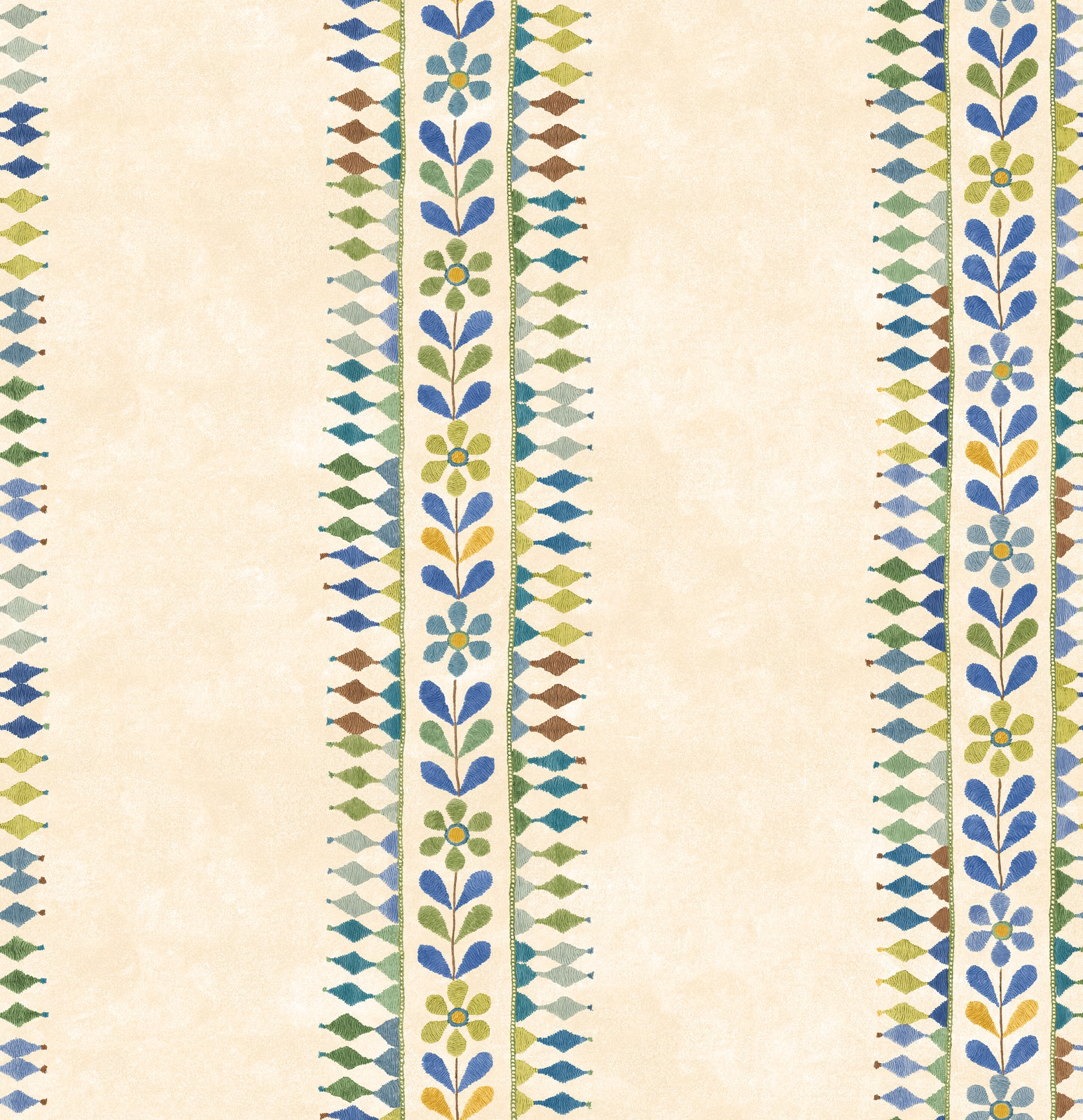 Cream wallpaper with blue-green botanical stripes and multicoloured diamond edging
