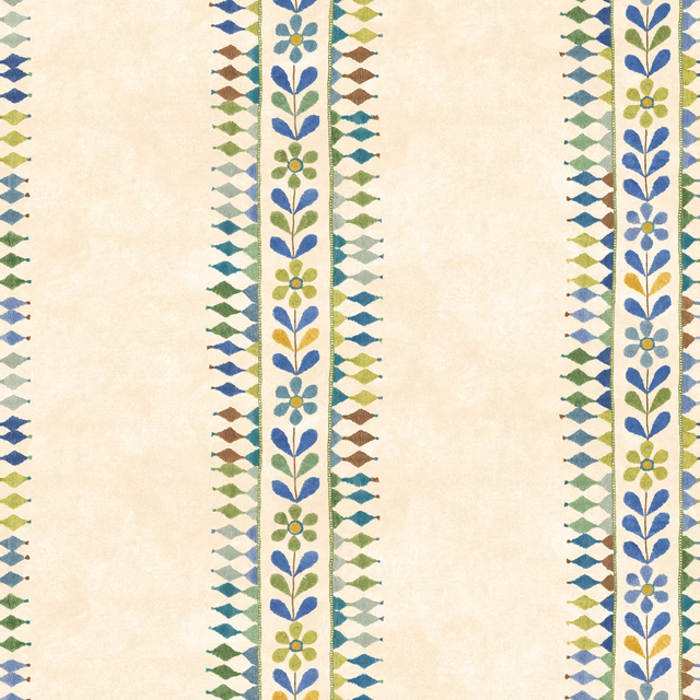 Cream wallpaper with blue-green botanical stripes and multicoloured diamond edging