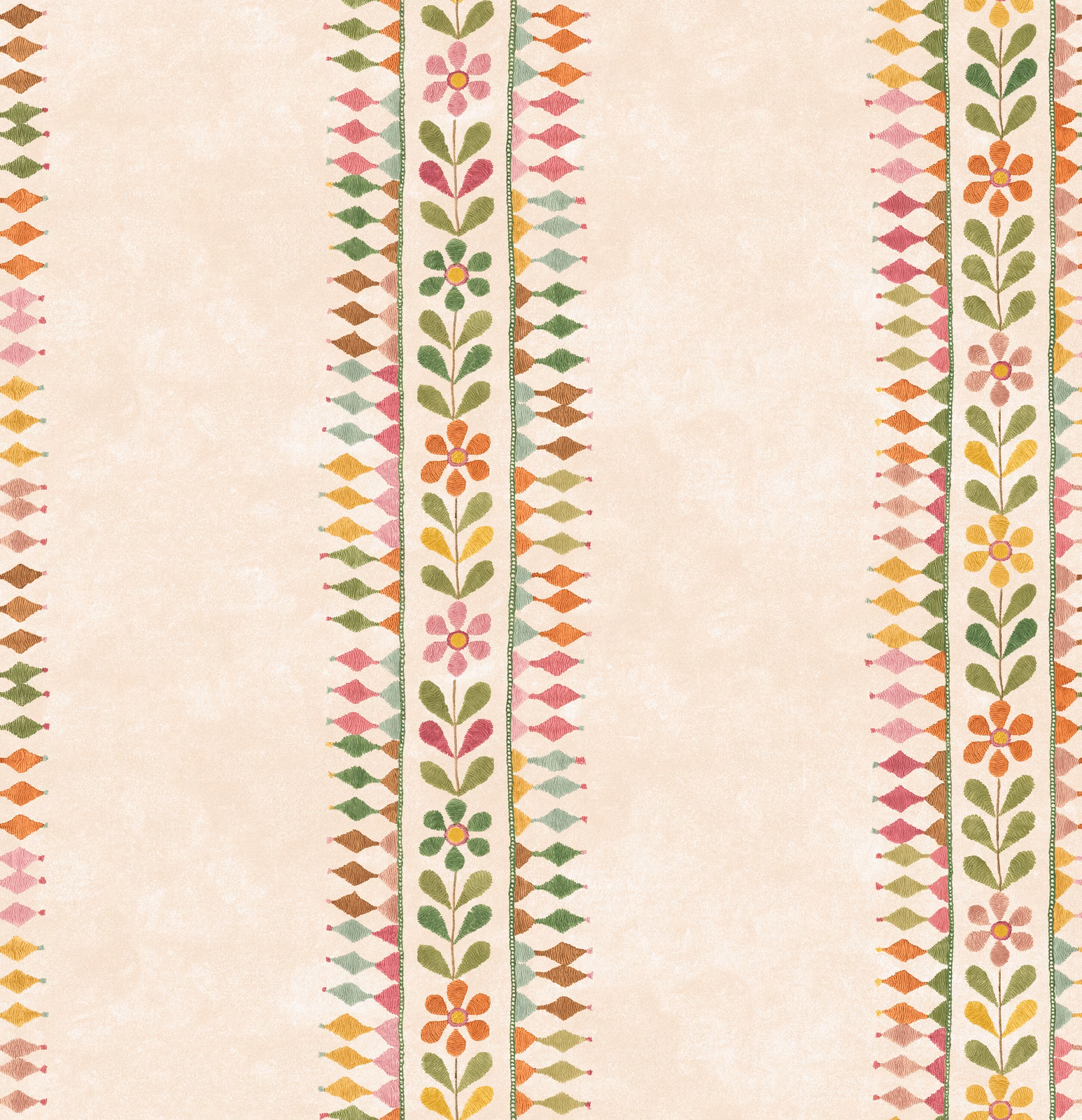 Blush-cream wallpaper with green leafy stripes and pink, orange and yellow flowers