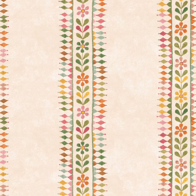 Blush-cream wallpaper with green leafy stripes and pink, orange and yellow flowers