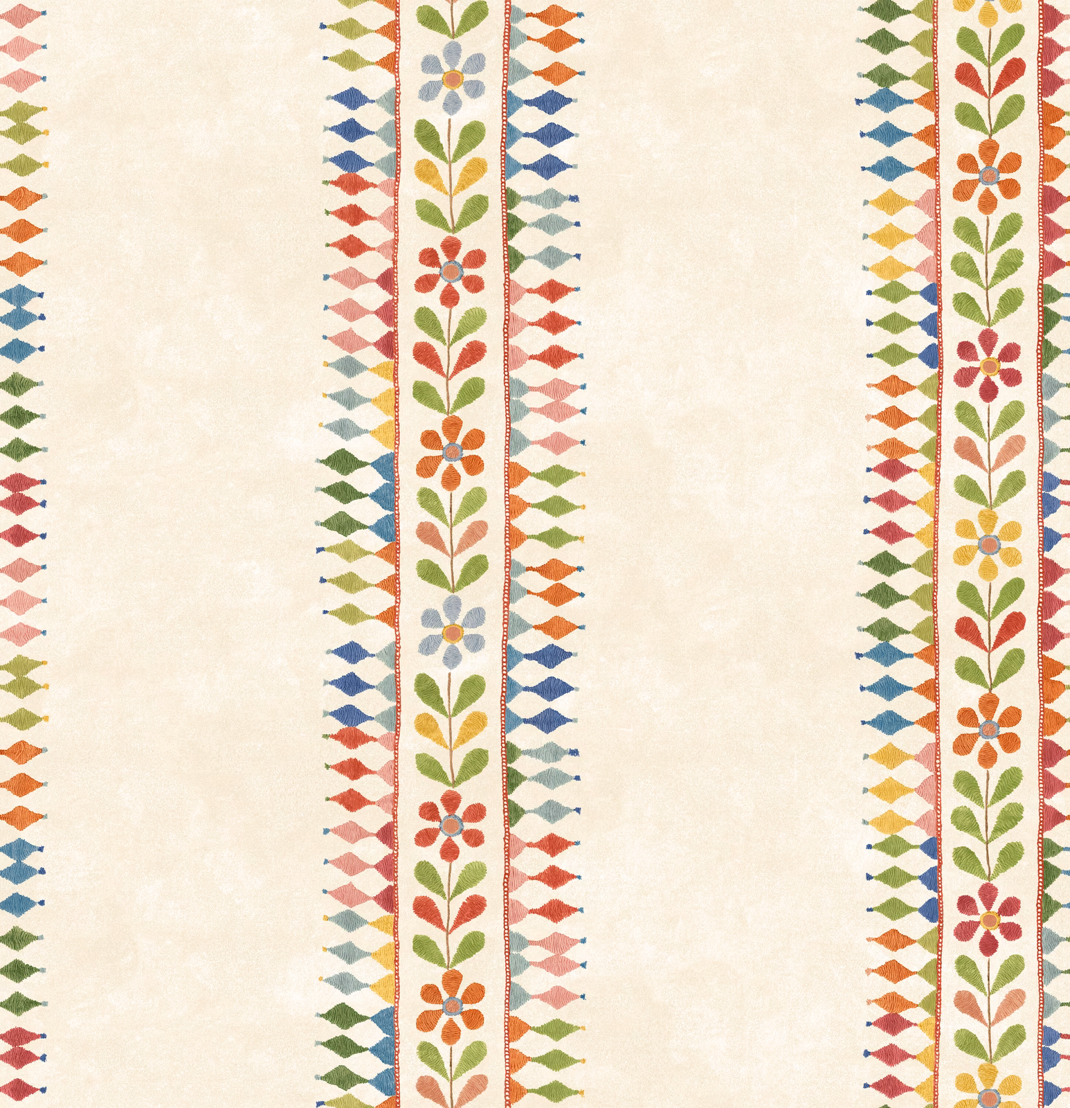 Warm ivory wallpaper with vertical jewel-toned flowers and colourful diamond borders