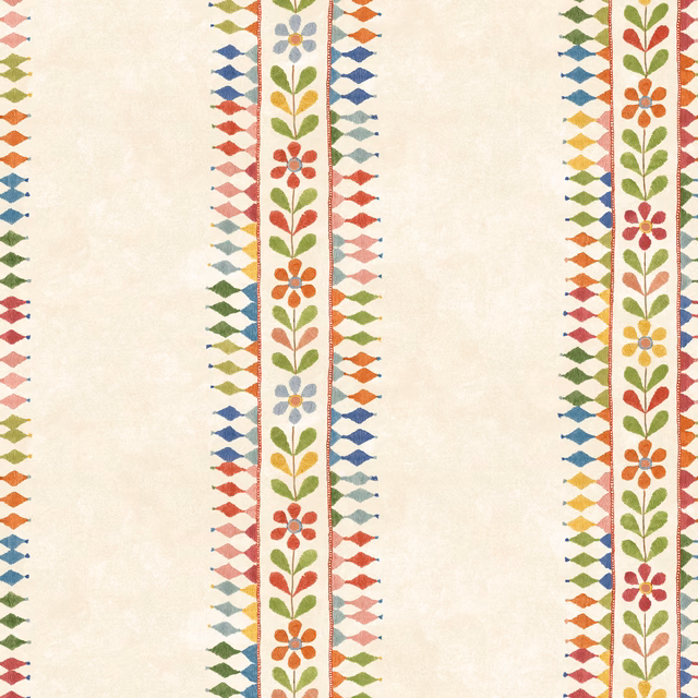 Warm ivory wallpaper with vertical jewel-toned flowers and colourful diamond borders