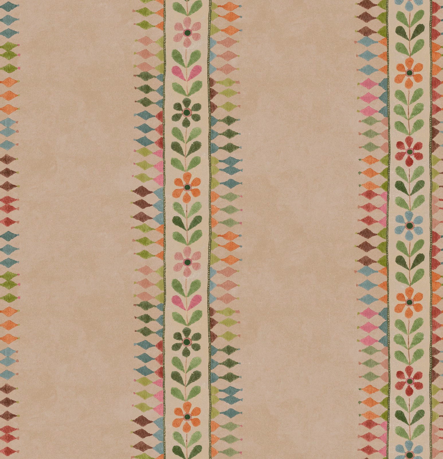 Warm plaster-beige wallpaper with vertical folk floral borders in coral, teal, green and pink