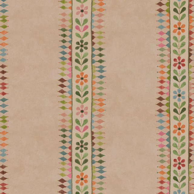 Warm plaster-beige wallpaper with vertical folk floral borders in coral, teal, green and pink