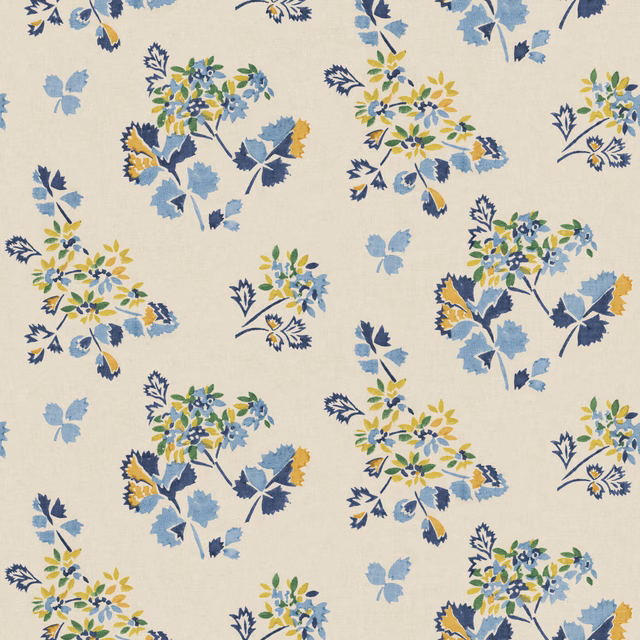 Ivory wallpaper with scattered blue, green and mustard floral bouquets