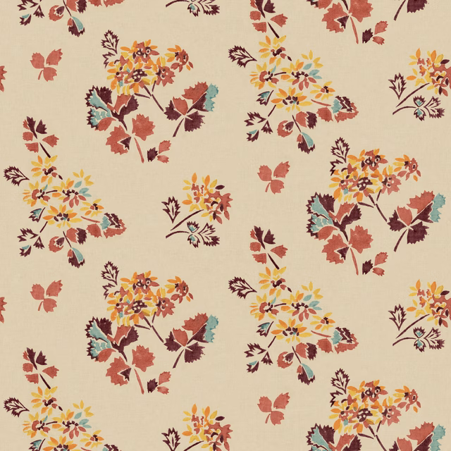 Warm beige wallpaper with burgundy, terracotta, ochre and teal floral clusters