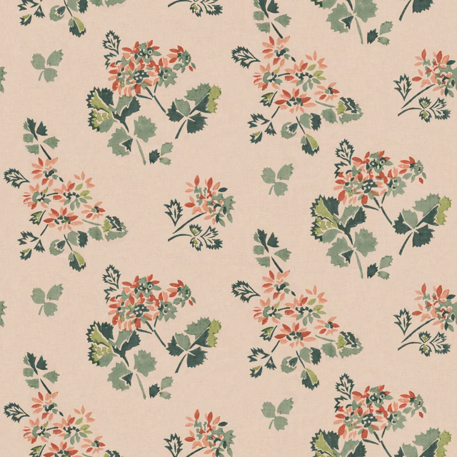 Warm beige wallpaper with coral flowers and layered green leafy sprays