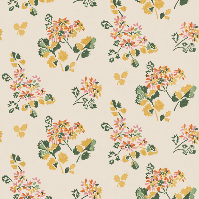 Cream wallpaper with forest-green foliage, ochre leaves, and coral-pink floral bouquets