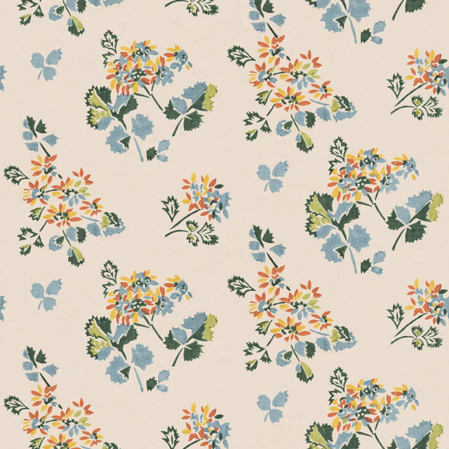 Cream wallpaper with teal-blue foliage and lively spice floral bouquets