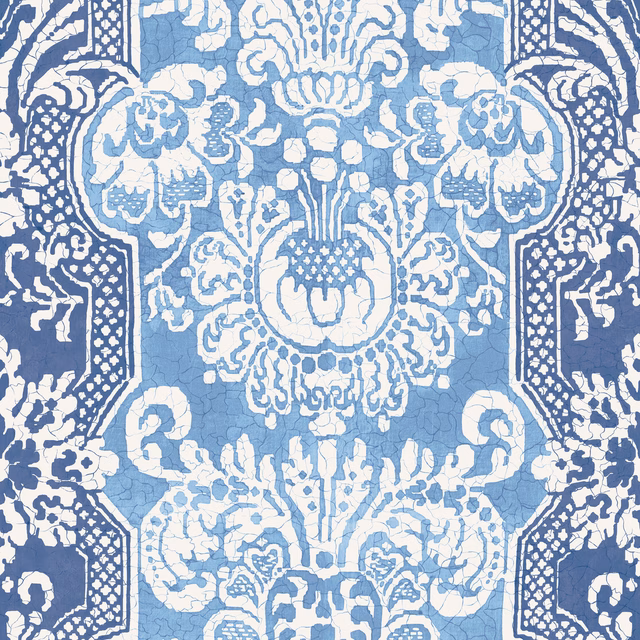 Deep blue wallpaper with pale blue and white symmetrical floral damask
