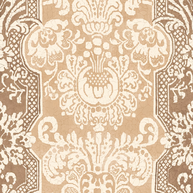 Warm camel wallpaper with repeated cream botanical damask medallions and scalloped ornate borders
