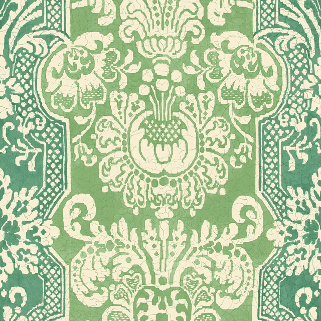 Muted sage-green wallpaper with ivory floral damask panels and scalloped borders