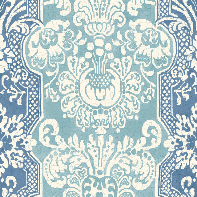 Ocean-blue and aqua wallpaper with ornate repeating damask medallions and floral borders