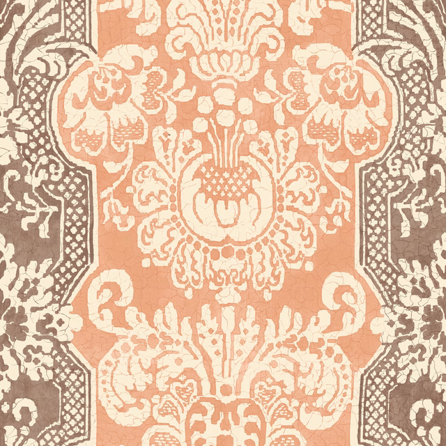 Warm peach damask wallpaper with cream scrolling motifs and taupe geometric edging