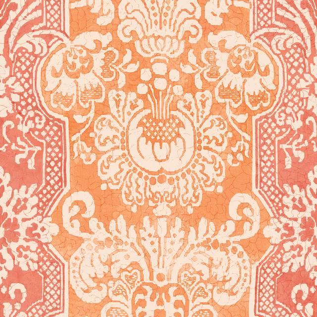 Warm marigold-orange wallpaper with an ivory symmetrical damask and geometric floral border