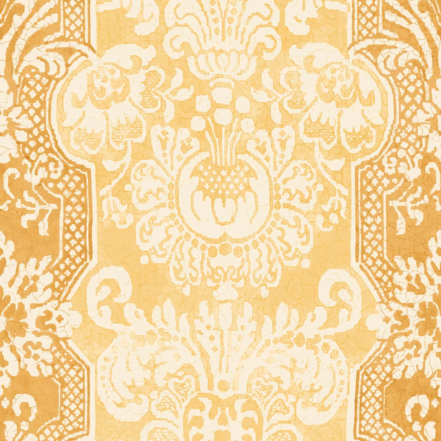 Warm marigold yellow wallpaper with ornate cream damask medallions and scalloped borders