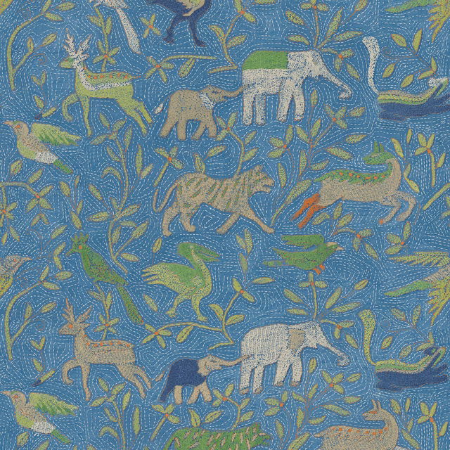 Muted blue Noah's Ark wallpaper with elephants, birds, leafy stems and ochre accents