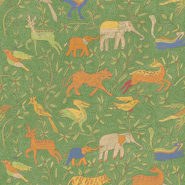 Muted green wallpaper with orange, cream and blue animals among fine leafy vines