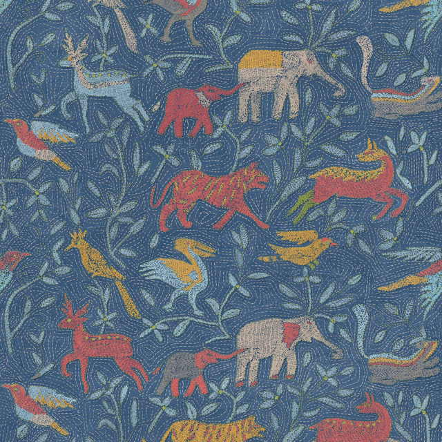 Indigo wallpaper with illustrated elephants, big cats, birds and leafy branches in warm colours