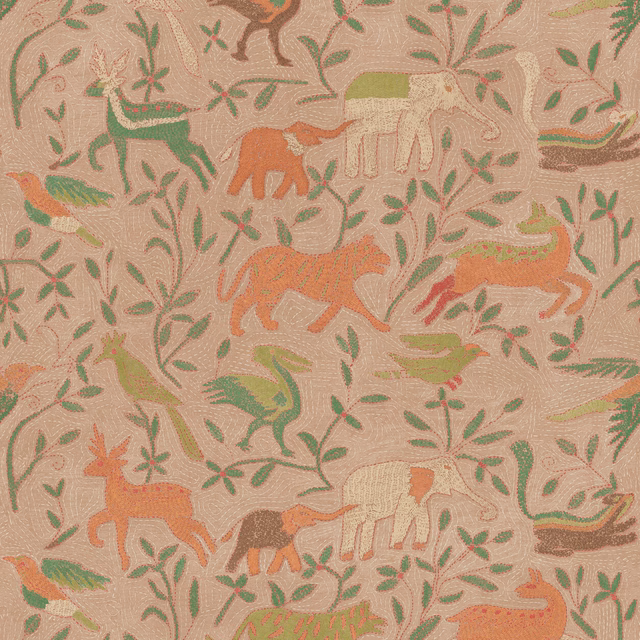 Pale plaster-beige wallpaper with muted coral animals, sage foliage and playful repeat