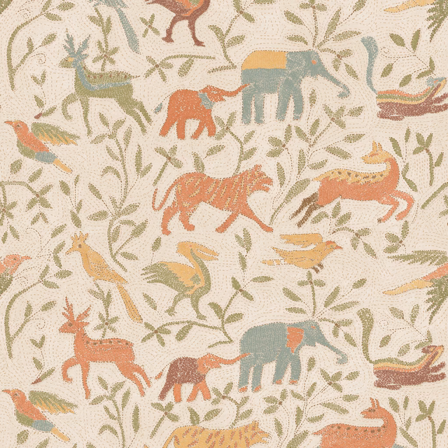 Warm cream wallpaper with muted elephants, giraffes, birds, boats and leafy branches