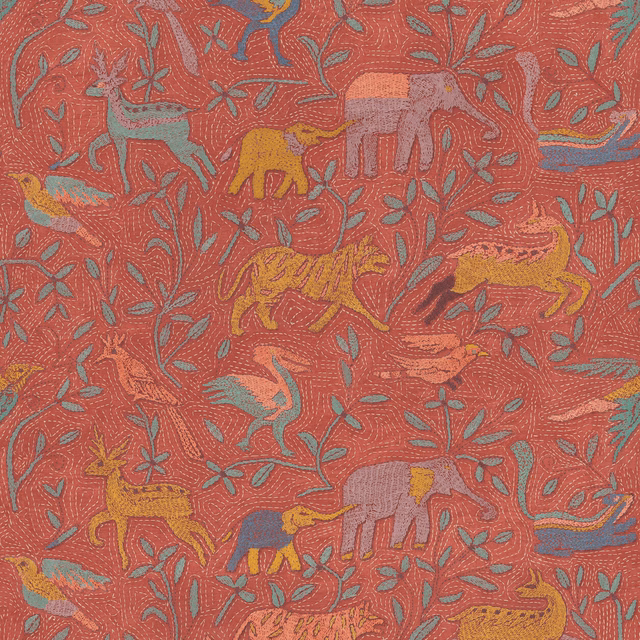 Spice terracotta wallpaper with blue foliage and playful ochre, pink and grey animals