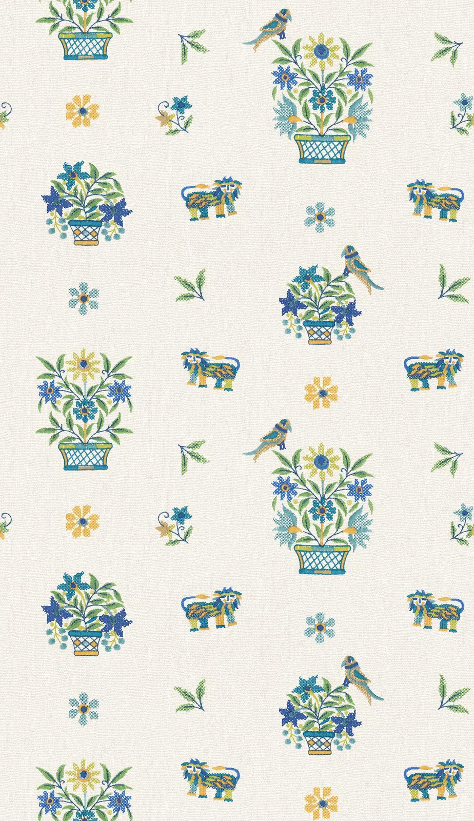 Cream wallpaper with blue-green floral baskets, birds, elephants and scattered yellow blossoms
