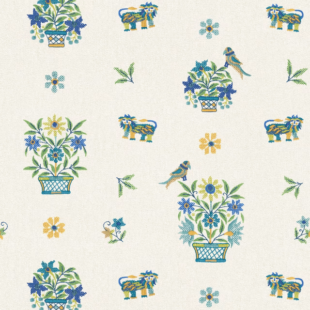 Cream wallpaper with blue-green floral baskets, birds, elephants and scattered yellow blossoms