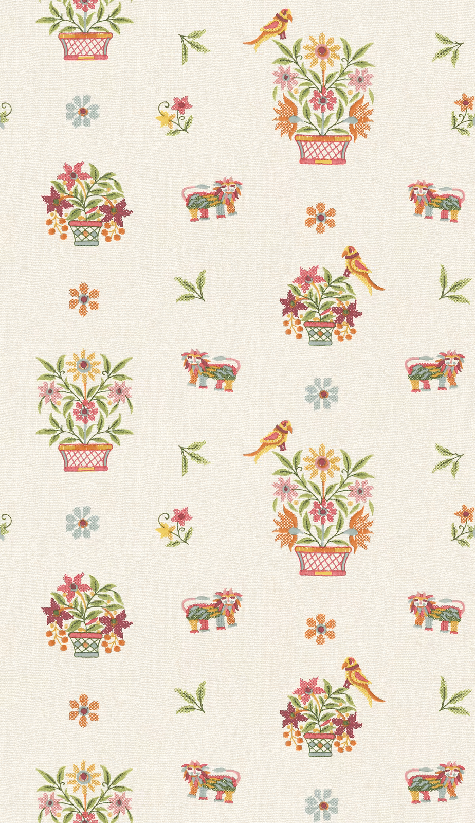 Cream wallpaper with green floral urns, birds, elephants and scattered botanical sprigs