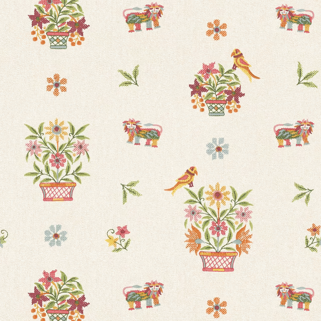Cream wallpaper with green floral urns, birds, elephants and scattered botanical sprigs
