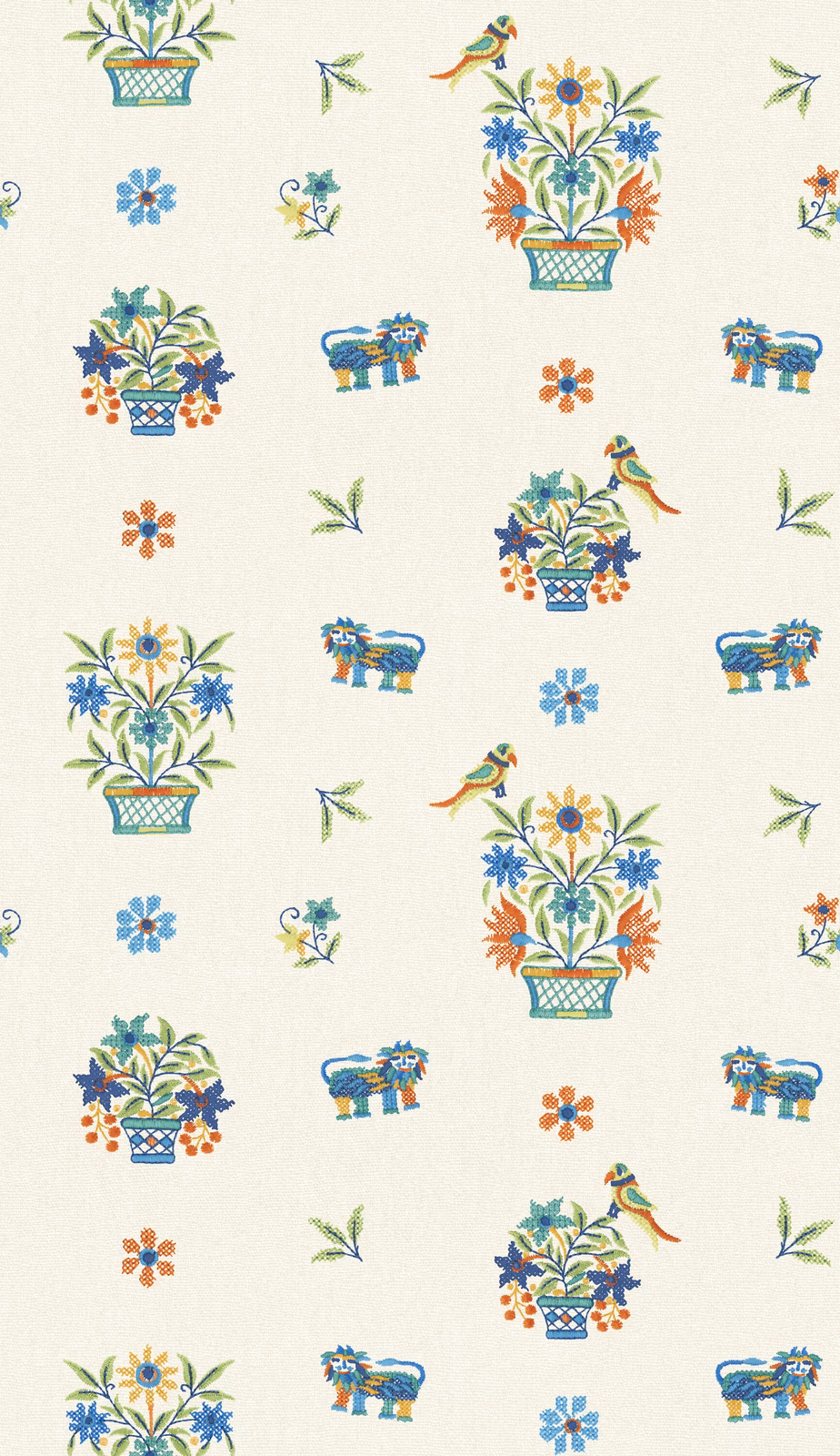 Warm ivory wallpaper with jewel-toned floral urns, birds, elephants and scattered flowers