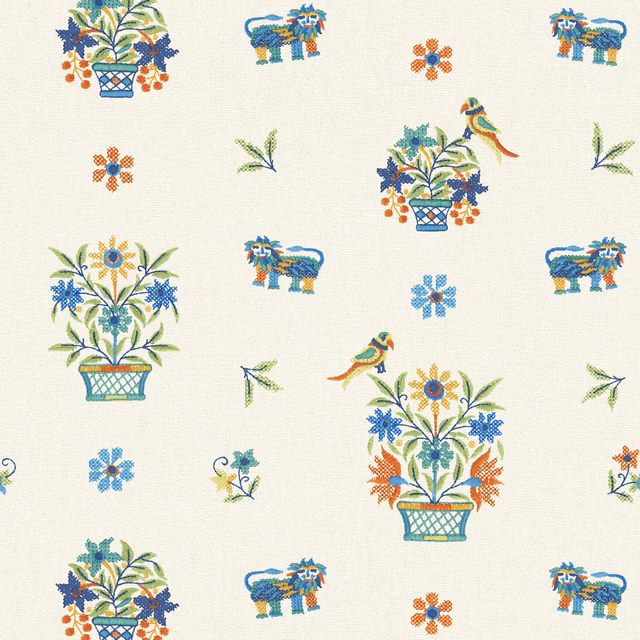 Warm ivory wallpaper with jewel-toned floral urns, birds, elephants and scattered flowers