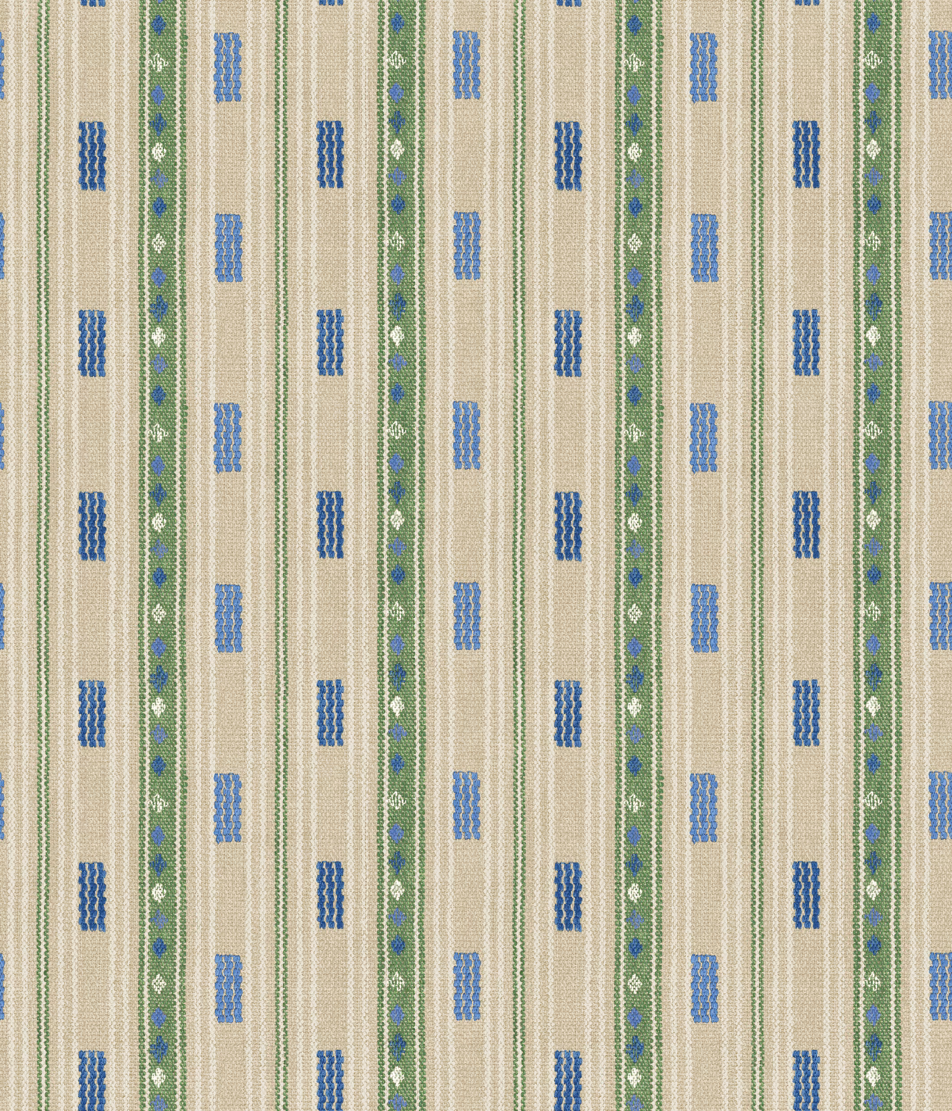 Cream wallpaper with vertical green stripes and repeated muted blue geometric motifs