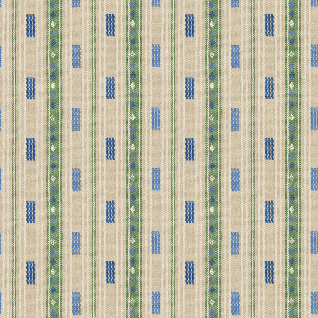 Cream wallpaper with vertical green stripes and repeated muted blue geometric motifs