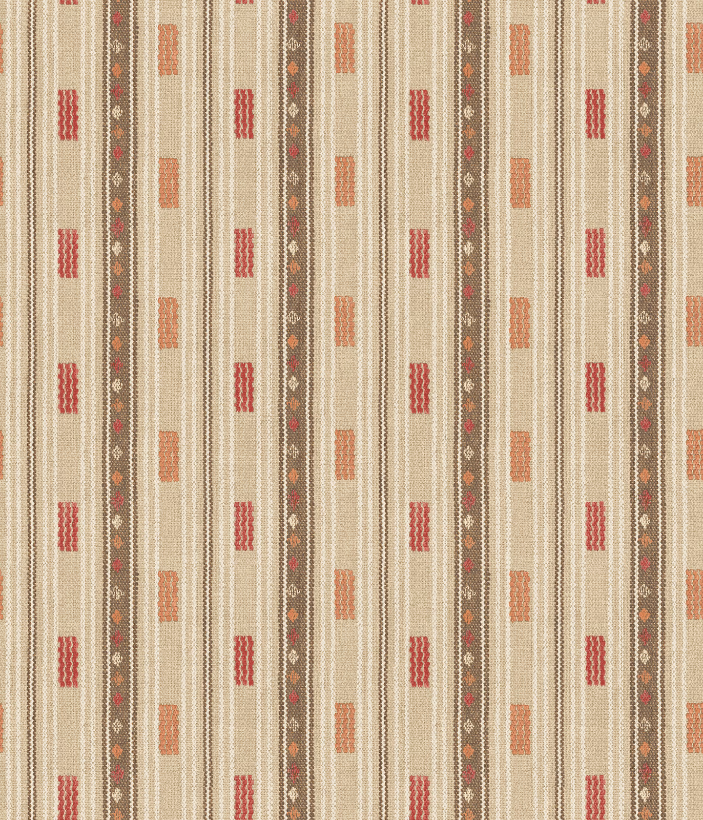 Cream wallpaper with espresso vertical bands and Tuscan red geometric motifs