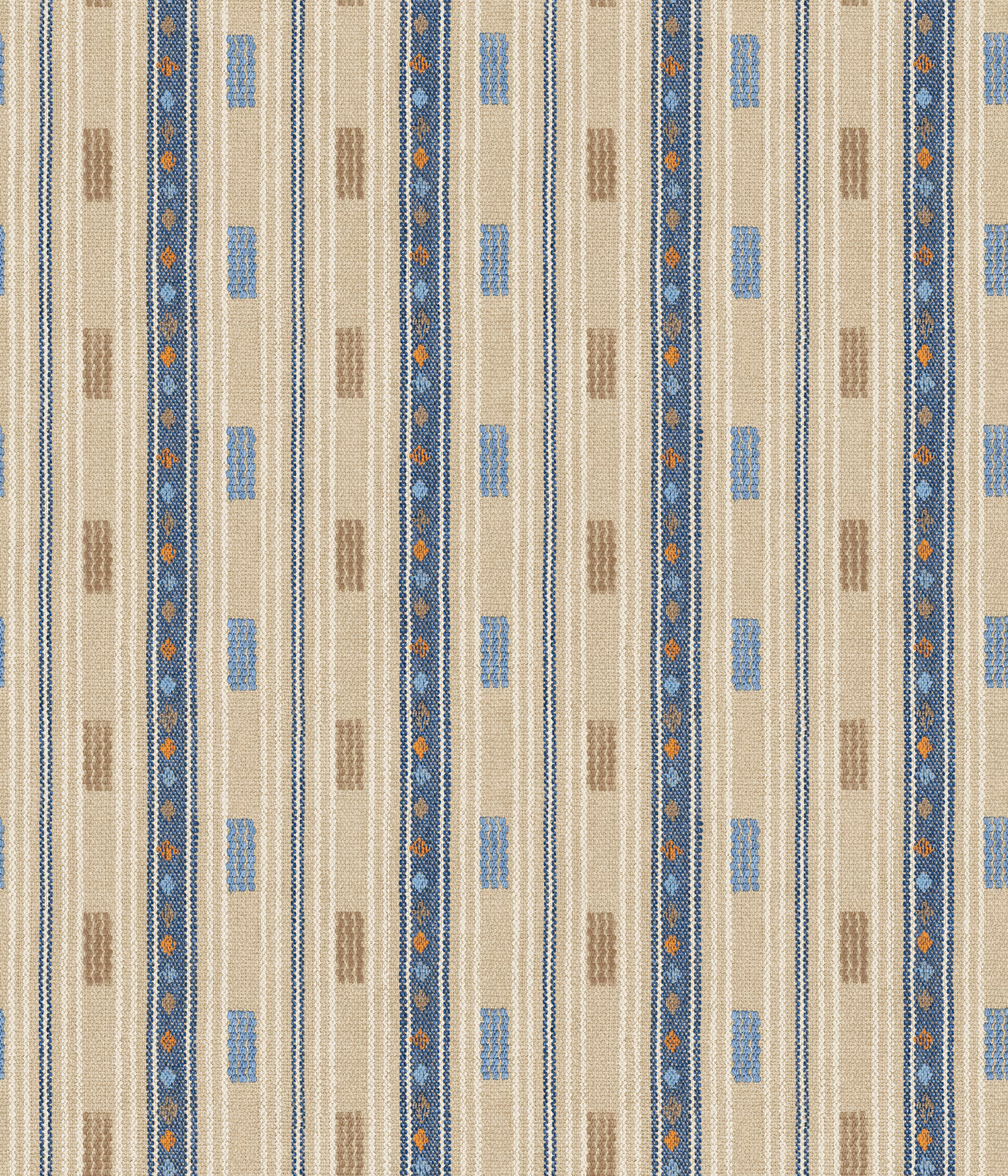 Cream wallpaper with indigo vertical stripes, blue blocks and tiny ochre accents