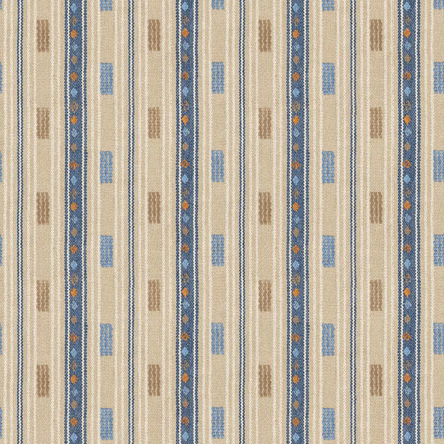 Cream wallpaper with indigo vertical stripes, blue blocks and tiny ochre accents