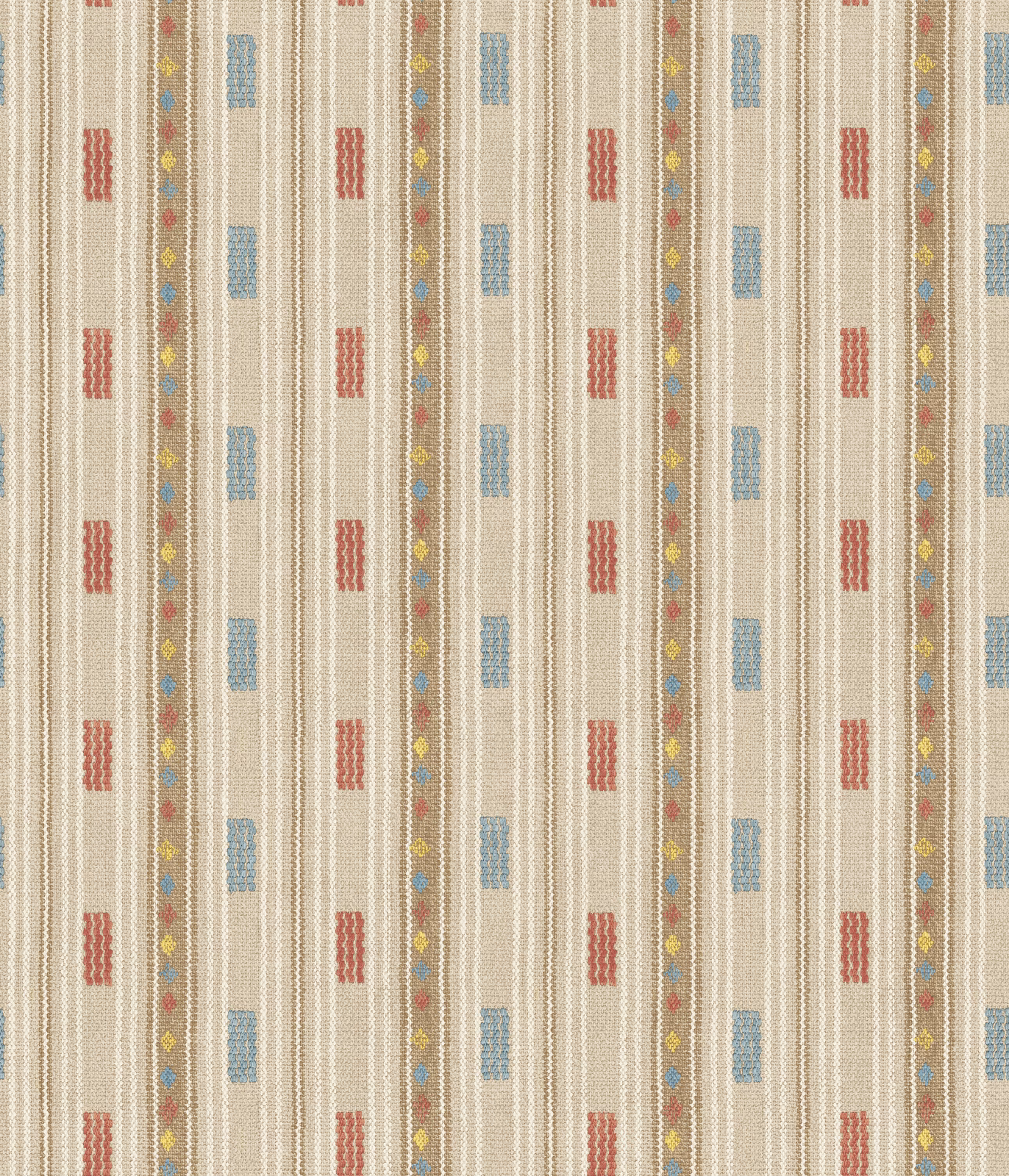 Warm cream wallpaper with red stepped motifs, blue blocks, and multicoloured stripe details