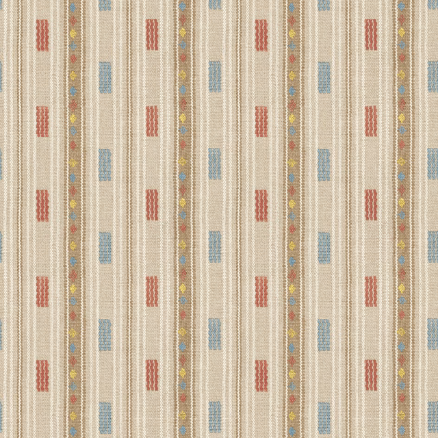 Warm cream wallpaper with red stepped motifs, blue blocks, and multicoloured stripe details