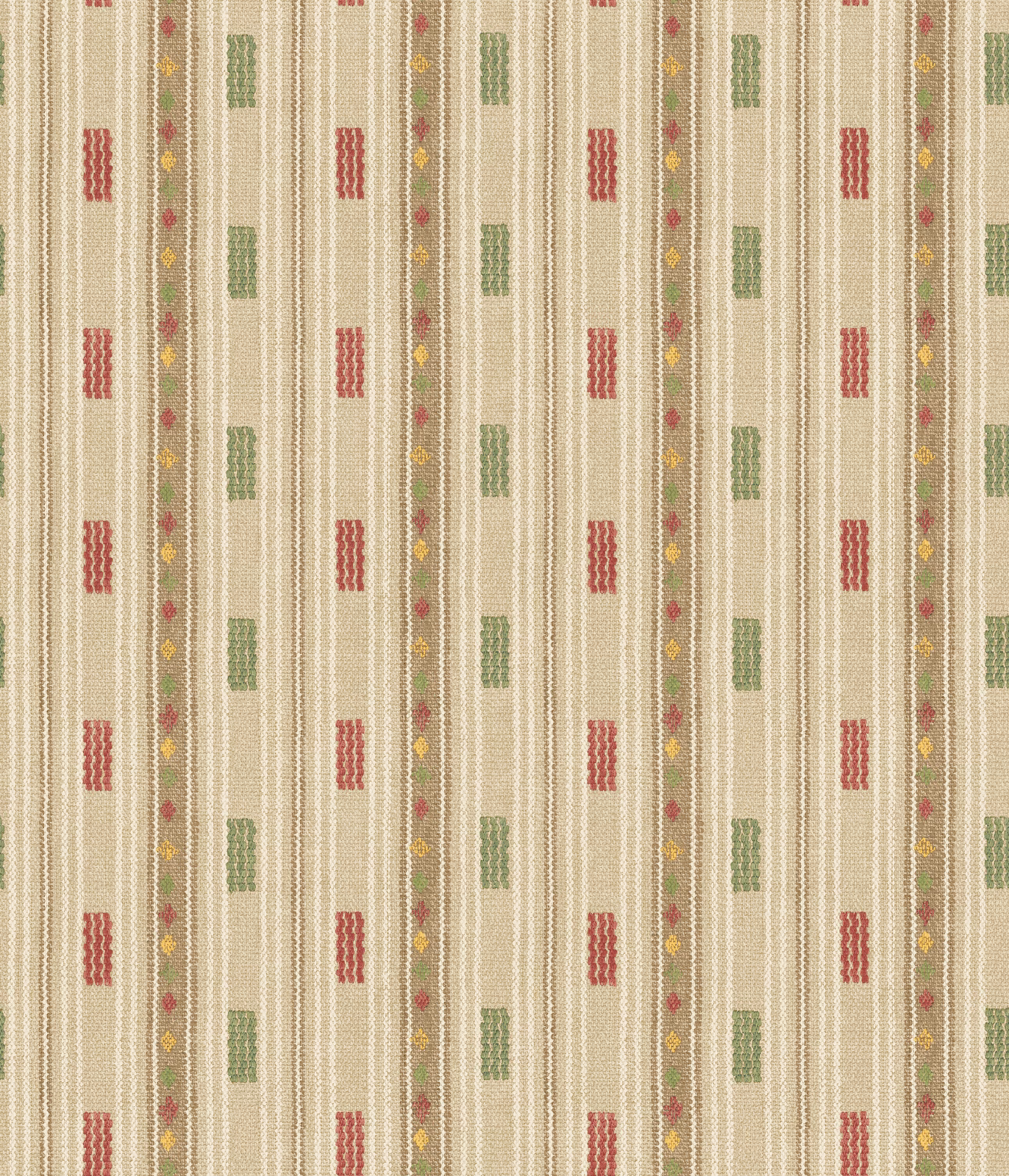 Warm cream wallpaper with vertical red and sage geometric motifs and fine striped texture