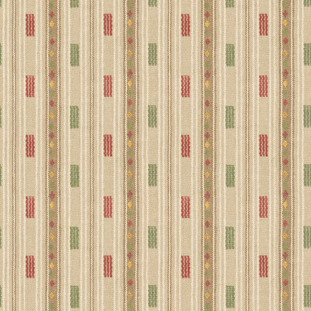 Warm cream wallpaper with vertical red and sage geometric motifs and fine striped texture