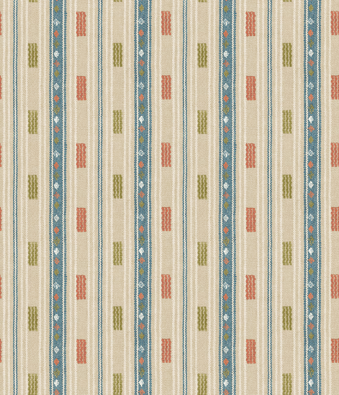Warm ivory wallpaper with teal stripes and small spice-red and olive geometric motifs