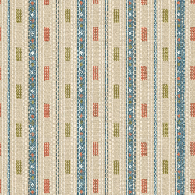 Warm ivory wallpaper with teal stripes and small spice-red and olive geometric motifs