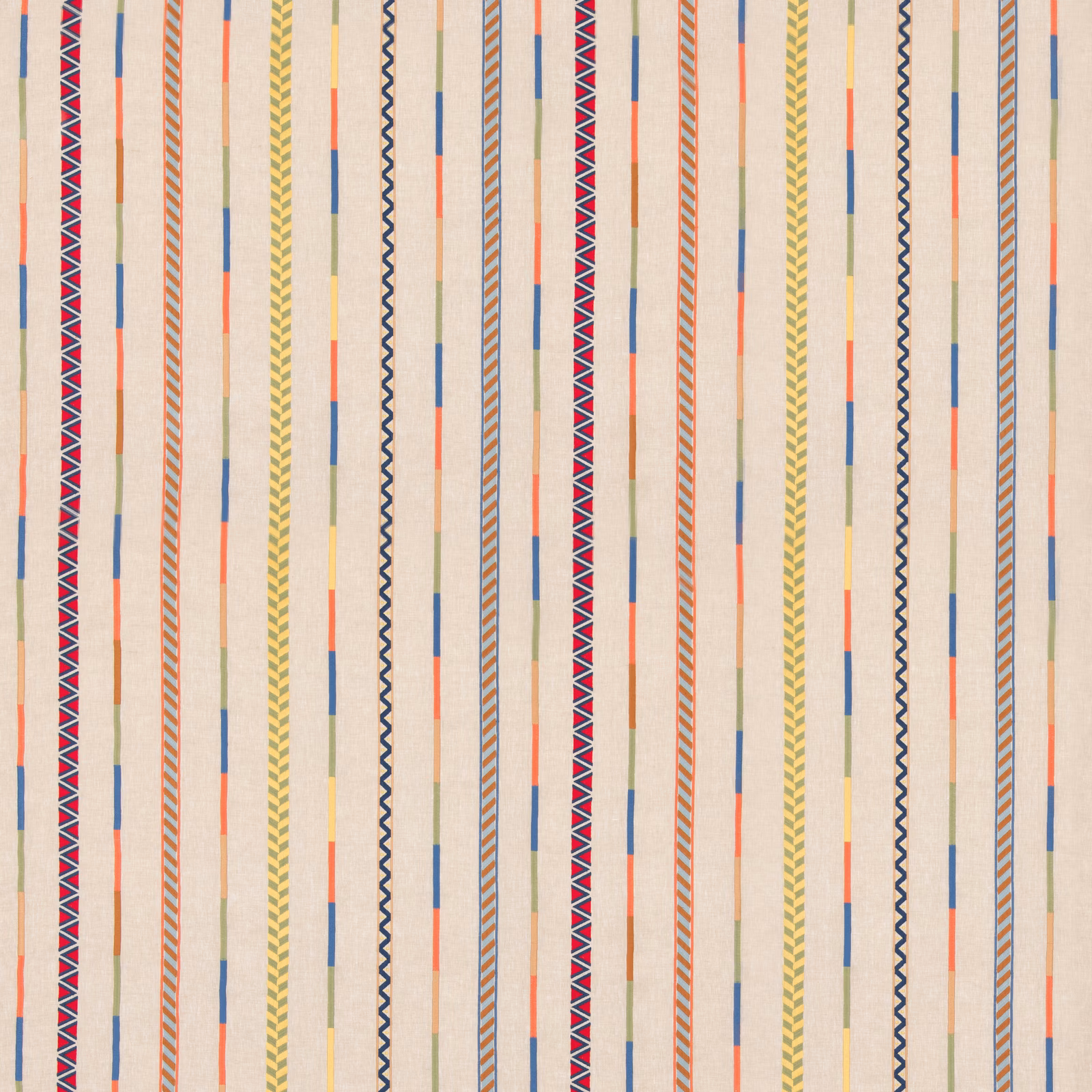Warm ivory fabric with coral, sage, blue and magenta vertical geometric stripes
