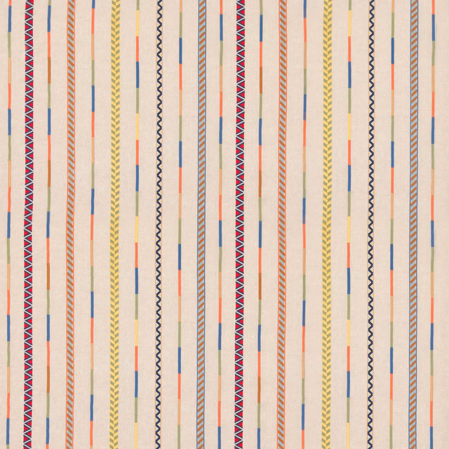 Warm ivory fabric with coral, sage, blue and magenta vertical geometric stripes