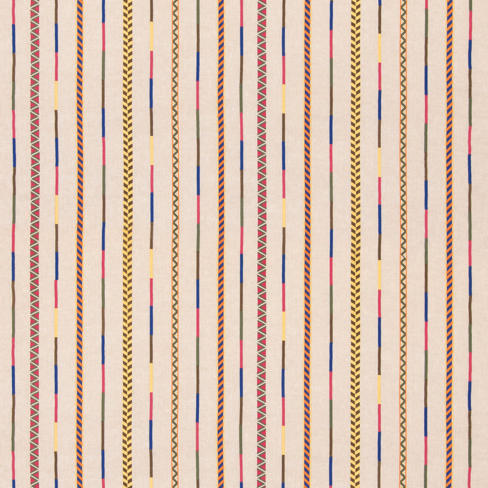 Ivory linen-blend ground with vertical fuchsia, blue, mustard and zigzag stripes
