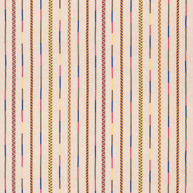 Ivory linen-blend ground with vertical fuchsia, blue, mustard and zigzag stripes