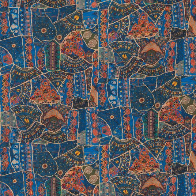 Deep jewel-blue patchwork with paisley fans, coral motifs and fine outlined texture